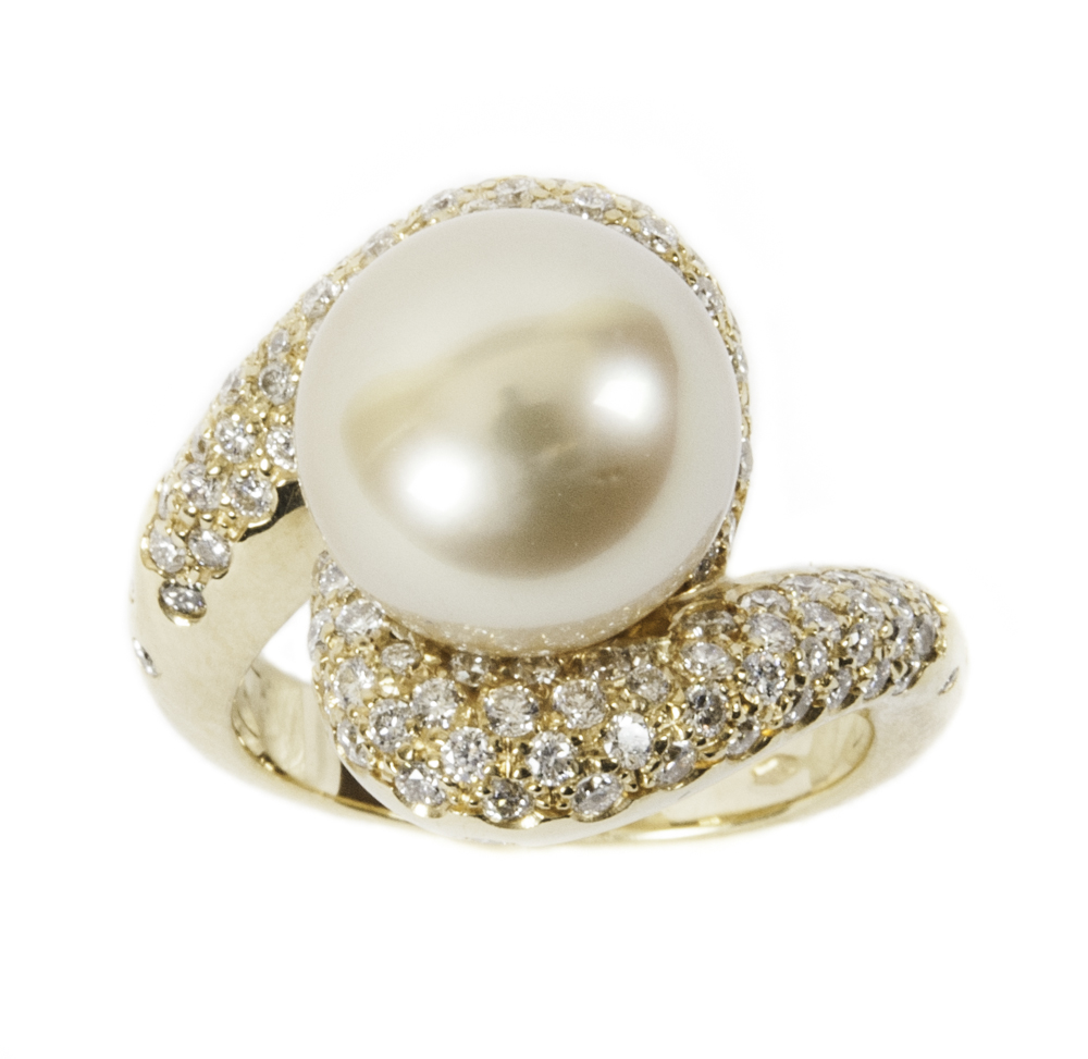 Anello oro 18 karati perla australiana e brillanti - anni ‘80 - Vendita