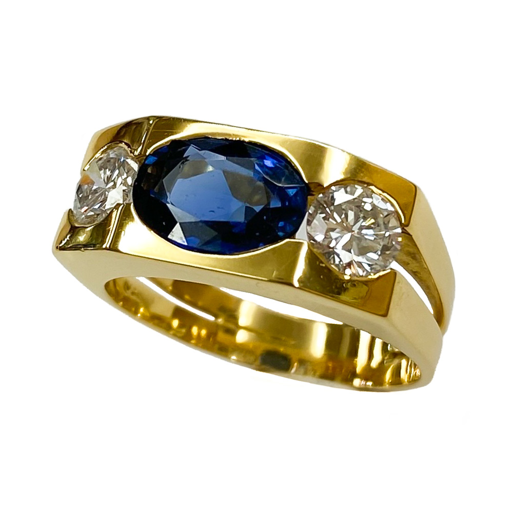 18 karat yellow gold ring with sapphire and diamonds - Italy 1960s ...