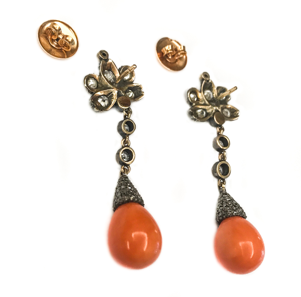 Antique gold red coral stud earrings (ca. 1900) - Gallerease