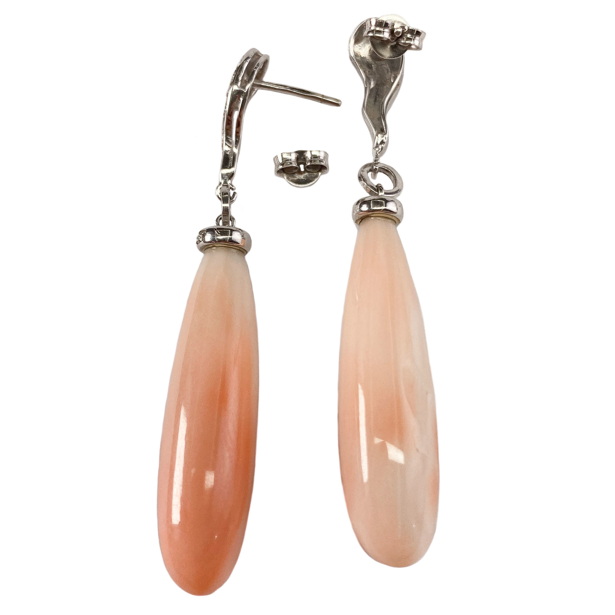 Orecchini Pendenti In Oro Bianco 18k Con Diamanti, Onice Nera E Corallo Naturale - Fatti A Mano A Torre Del Greco - Made In Italy - 3x6,5 Cm