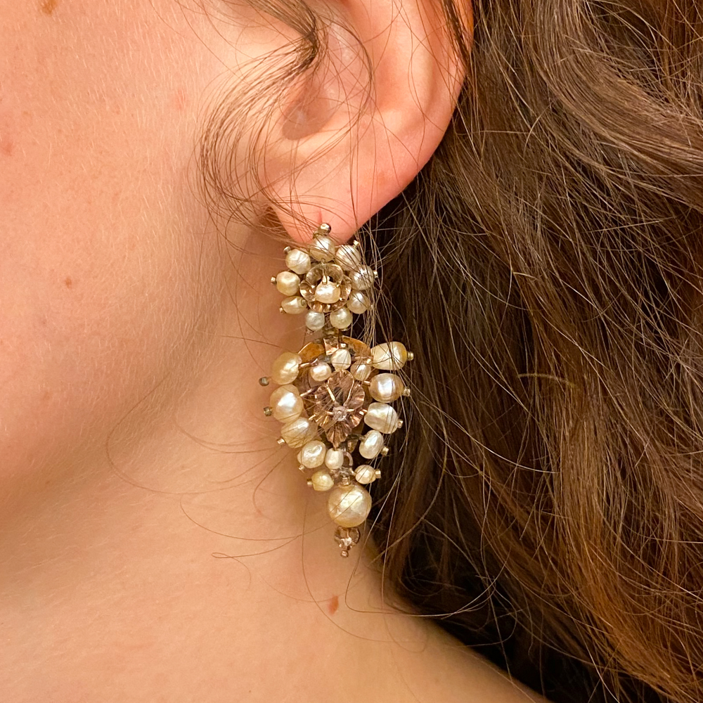 Edwardian Natural Pearl and Diamond Earrings - GIA