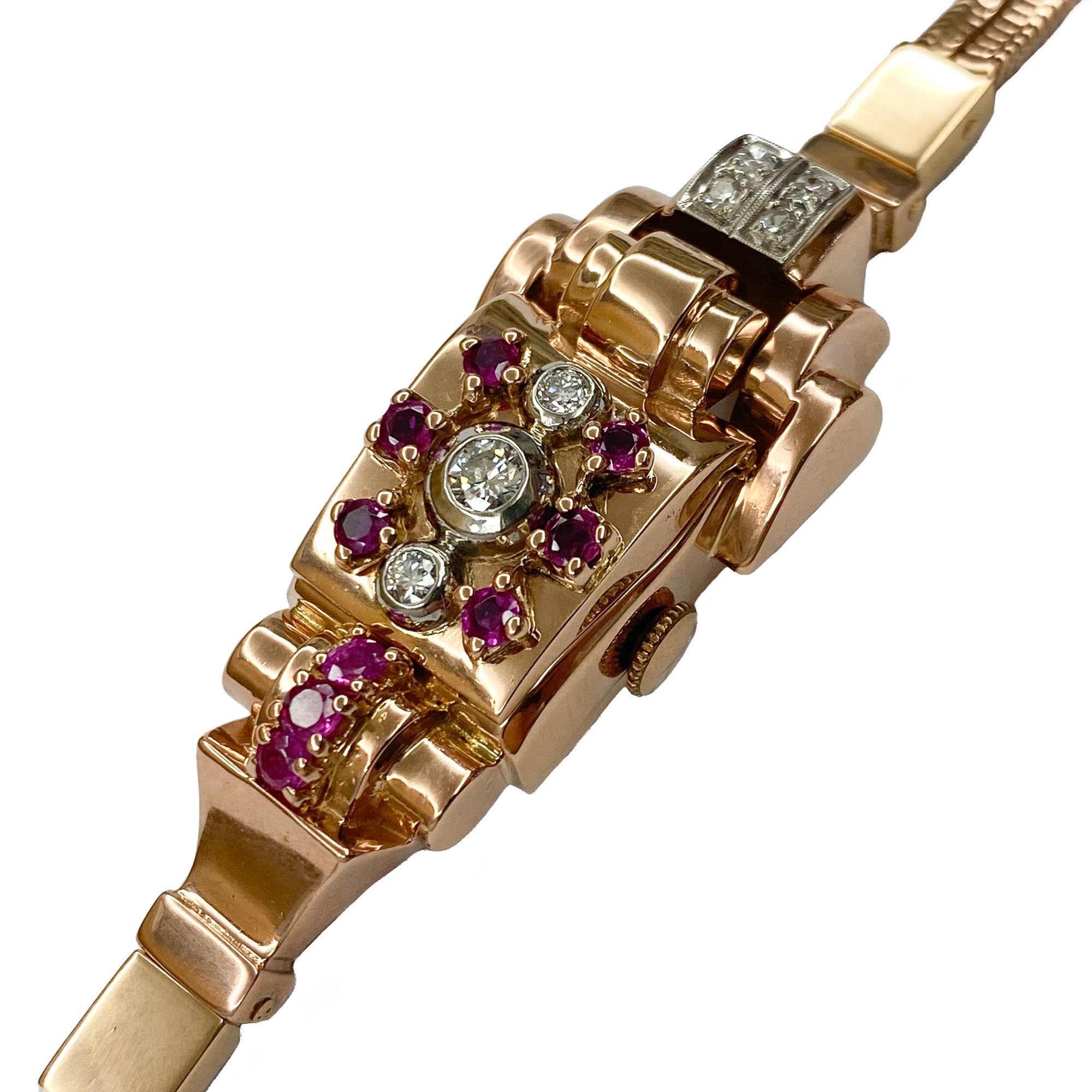 Orologio in oro rosa 14 karati con rubini e diamanti Den Ro Svizzera anni 40 Vendita Orologi d epoca Passione Antiqua