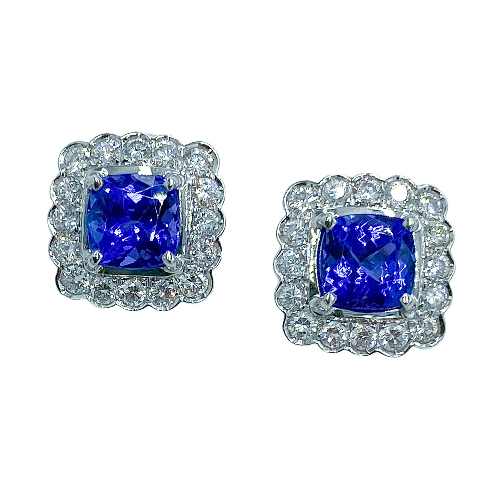 Orecchini A Perno In Oro Bianco 9ct Con Zirconi E Tanzanite – 4mm, Fatti A Mano UK, Confezione Regalo