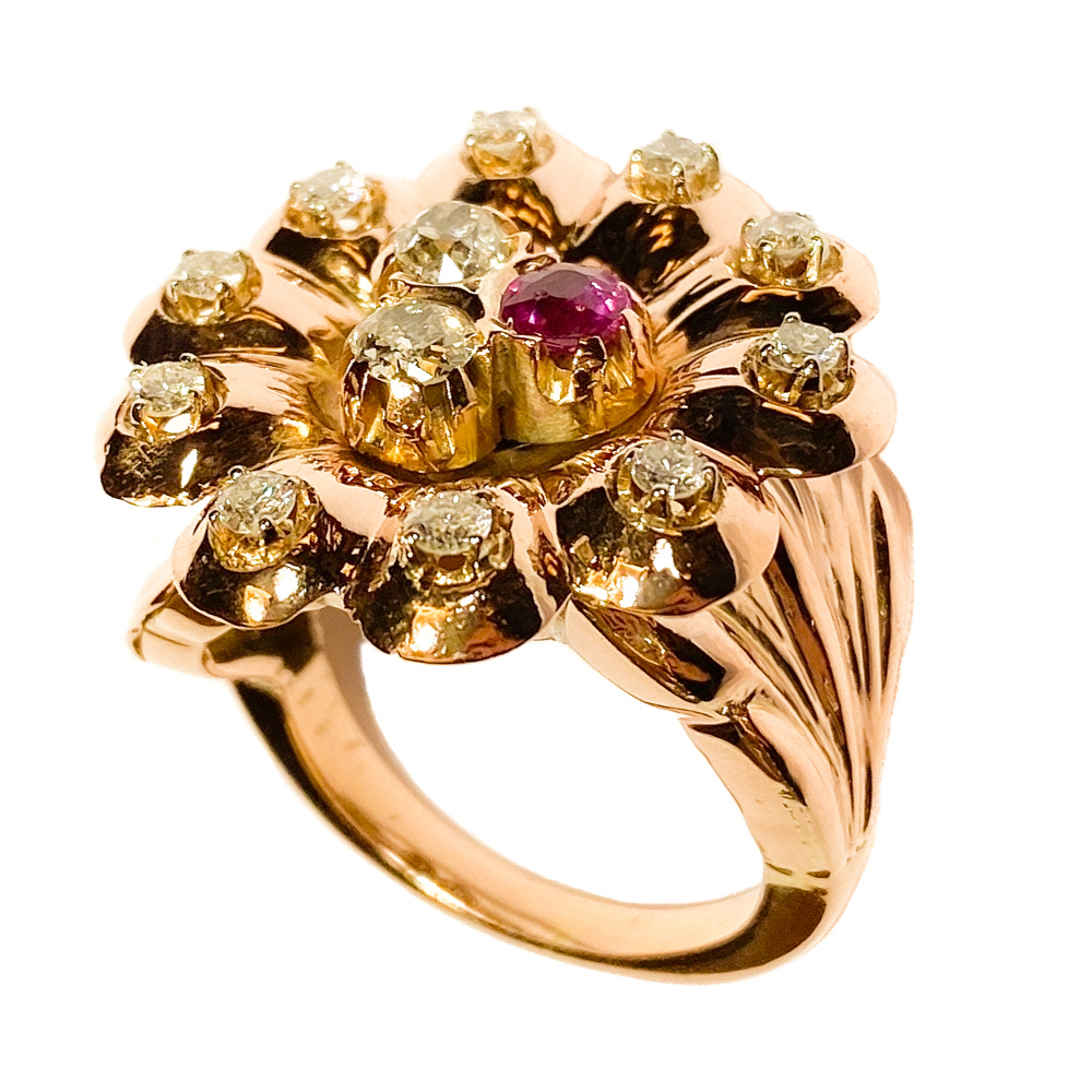 Anello In Oro Rosso 18 Karati Con Diamanti E Rubino Italia Anni 40 