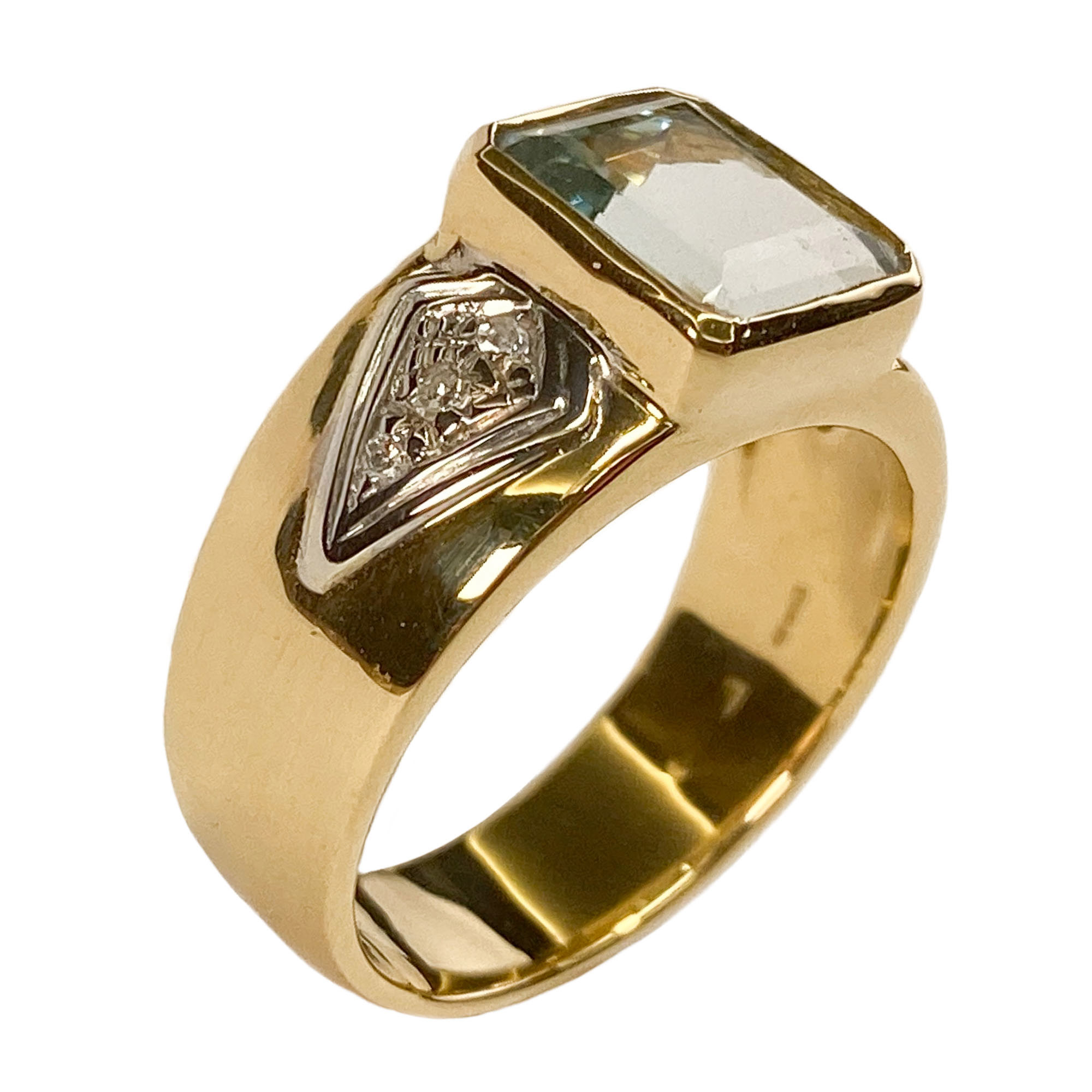 Anello in oro giallo 18 karati con acquamarina e diamanti - Italia anni '90