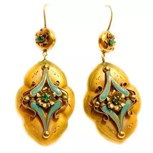 Bourbon earrings in yellow gold with enamels and green gems - Italy 19th century
