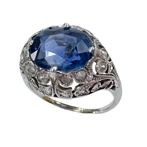 Anello liberty in platino con zaffiro e diamanti - Italia primo '900