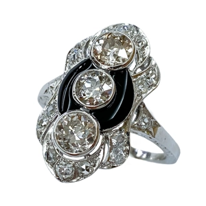Anello in oro bianco 18 karati con diamanti e onice -  Italia anni '20