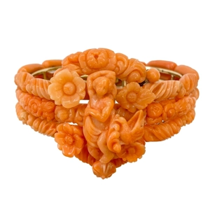 Bracciale semi rigido in oro giallo 18 karati e corallo naturale - Sicilia XIX Sec.