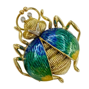 18 karat yellow gold brooch with diamonds and enamels - Italy 1960s