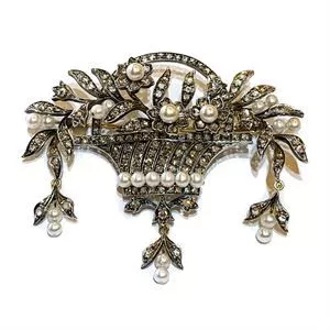 Spilla a cesto fiorito in Oro e Argento con Perle e Diamanti - Italia anni '30