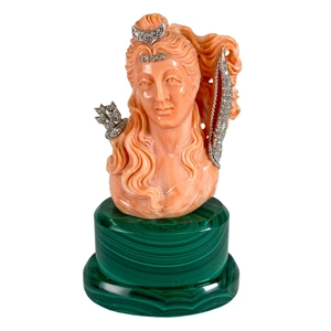 Scultura in corallo e malachite con oro e diamanti - Italia anni '50