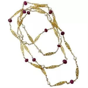 Collana liberty in oro giallo 14 karati con rubini e perle - Italia anni '20