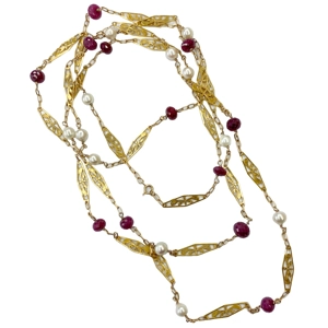 14kt yellow gold liberty necklace with rubies and pearls - Italy 1920s