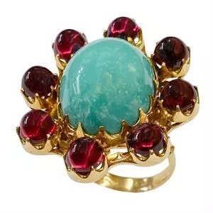 18 karat yellow gold ring with turquoise and garnets - Italy 1970