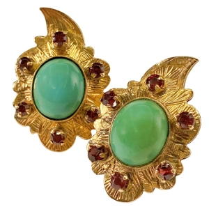 Orecchini in oro giallo 18 karati con turchese e granati - Italia anni '70