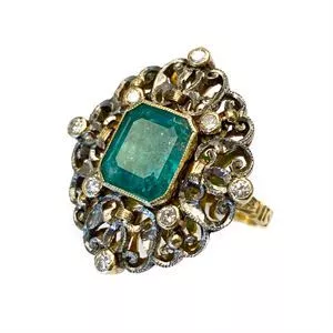 Anello in oro 18 karati con smeraldo e diamanti - Italia anni '70