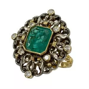 Anello in oro e argento con smeraldo e diamanti - Italia anni '70