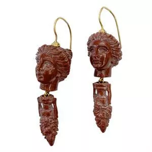 14 karat gold earrings with red lava rock - Italy 1900s