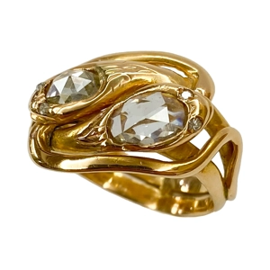 18kt red gold double snakes ring with diamonds - Italy 19th century