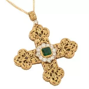 Pendente a croce in oro 18k con smeraldo e diamanti - Egidio Giansanti - Italia anni '60