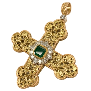 Pendente a croce in oro 18k con smeraldo e diamanti - Egidio Giansanti - Italia anni '60