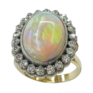 Anello in oro giallo e bianco 14 karati con opale e diamanti - Stati Uniti anni '30