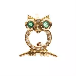 Owl - 18k gold brooch with emeralds and diamonds
