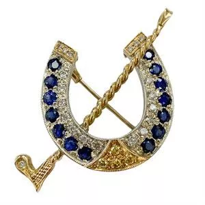 18k gold brooch with sapphires, white and yellow diamonds - Italy 1980s