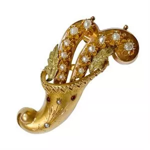 Spilla in oro 14 karati con perle e granati - Italia XIX secolo