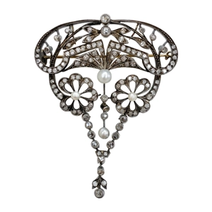 Liberty brooch in gold and silver with diamonds and natural pearls - Italy 1900s