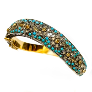 Bracciale in oro e argento con diamanti e turchesi - Italia anni '70