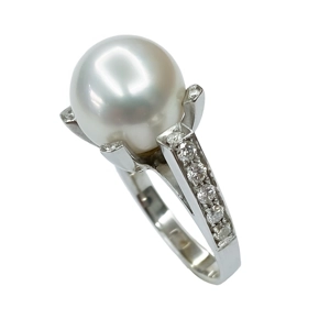 Anello in oro bianco 18 karati con perla australiana e diamanti - Italia anni '80