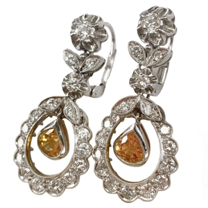 18k white gold earrings with yellow sapphires and diamonds - Italy 1950s