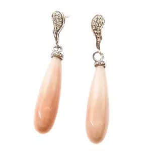 Gold earrings with diamonds and pink natural coral - Italy