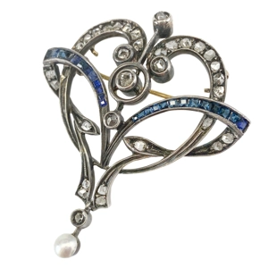 Spilla in oro e argento con diamanti, zaffiri e perla - Italia inizio '900