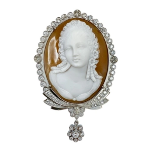 18 karat white gold pendant - brooch with cameo and diamonds - Italy 1950s