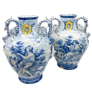 Pair of double-handled majolica jars - Italy 19th century