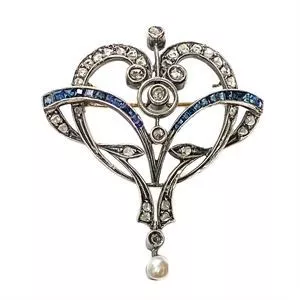 Gold and silver brooch with diamonds, saphirres and pearl - Italy beginning of the 20th century