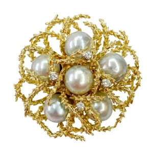 18kt yellow gold brooch with Japanese pearls and diamonds - Italy 1960s
