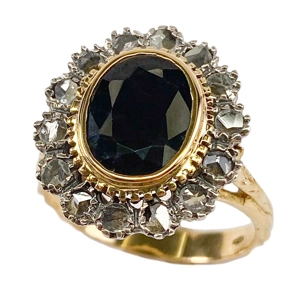 Anello a margherita in oro e argento con zaffiro e diamanti - Italia anni '80