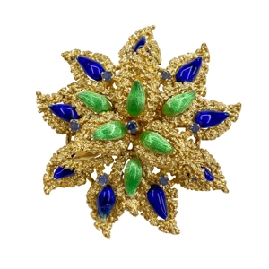 18k yellow gold flower brooch with enamels - Italy 1960s