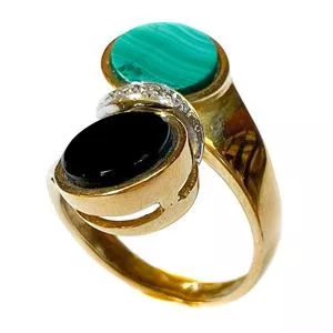 Contrarié ring in 18k yellow gold with onyx, malachite and diamonds - Italy 1970s