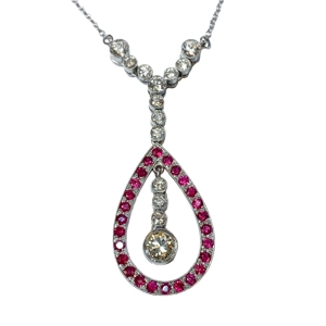 Platinum necklace with teardrop pendant with diamonds and rubies - Italy 1910s