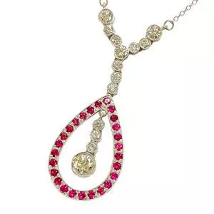 Platinum necklace with teardrop pendant with diamonds and rubies - Italy 1910s
