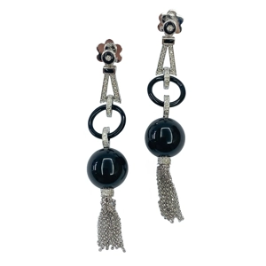 18k white gold earrings with diamonds and onyx - Italy 1970s