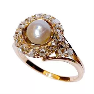 Anello in oro giallo 18 karati con perla naturale e diamanti - Italia primo 1900