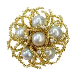 Spilla in oro giallo 18 karati con perle giapponesi e diamanti - Italia anni '60