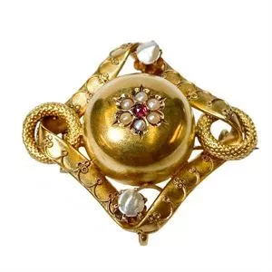 Spilla borbonica in oro giallo 18 karati con rubino e perle - Italia XIX secolo