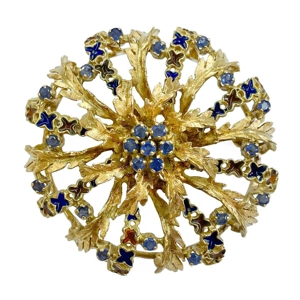 Spilla a fiore in oro giallo 18 karati con zaffiri e smalti - Italia anni '60